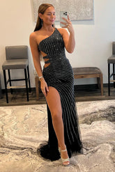 Black Prom Dress Sequined Waist Cut Out Evening Dress with Slit